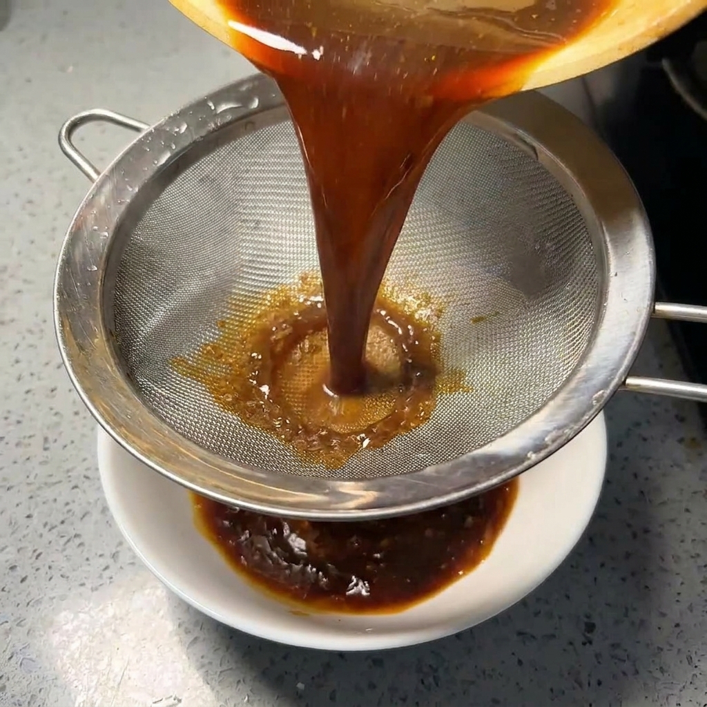 Salsa scura concentrata filtrata attraverso un setaccio metallico in una ciotola di ceramica bianca.