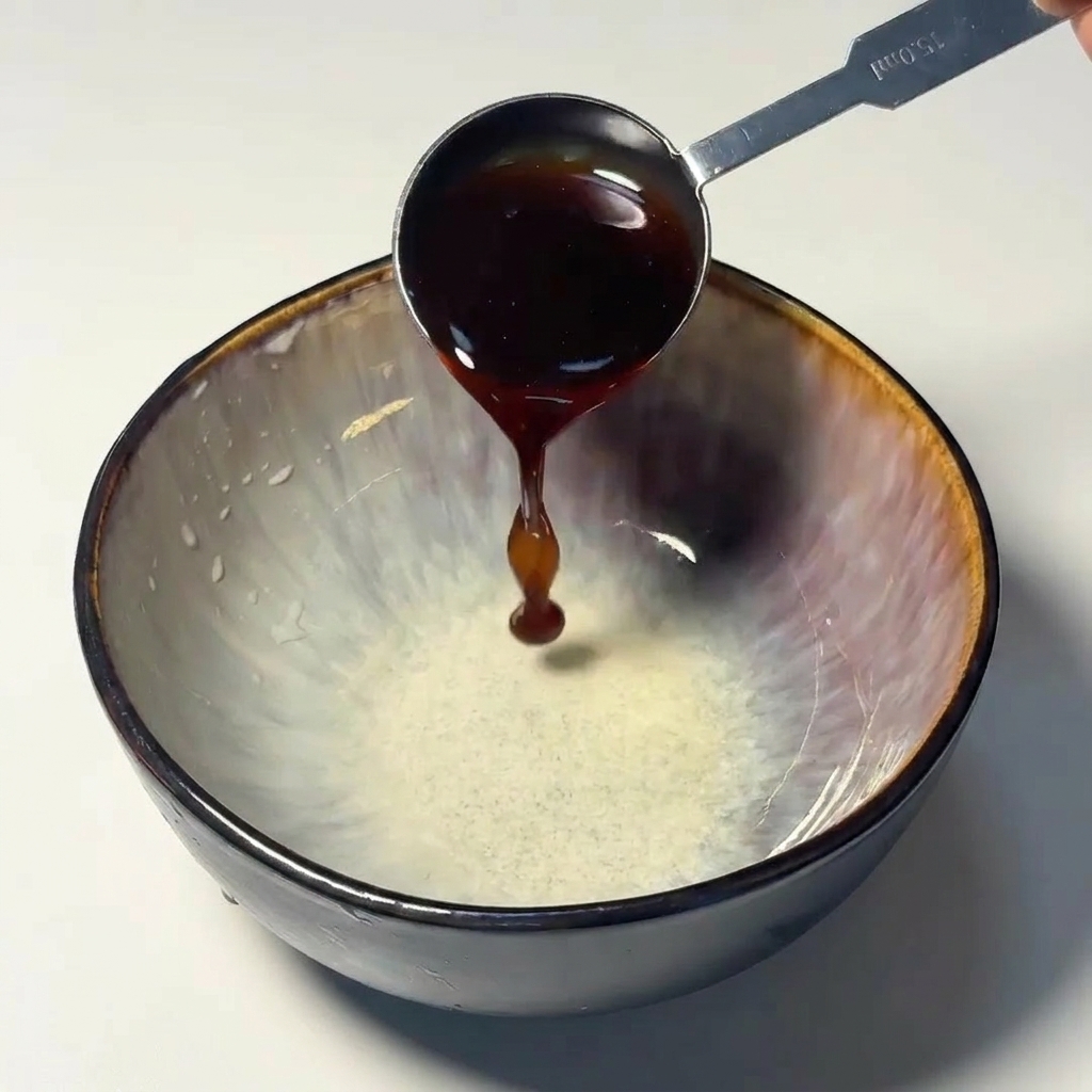 Versare un cucchiaio di salsa scura e densa sul fondo di una ciotola in ceramica decorata.