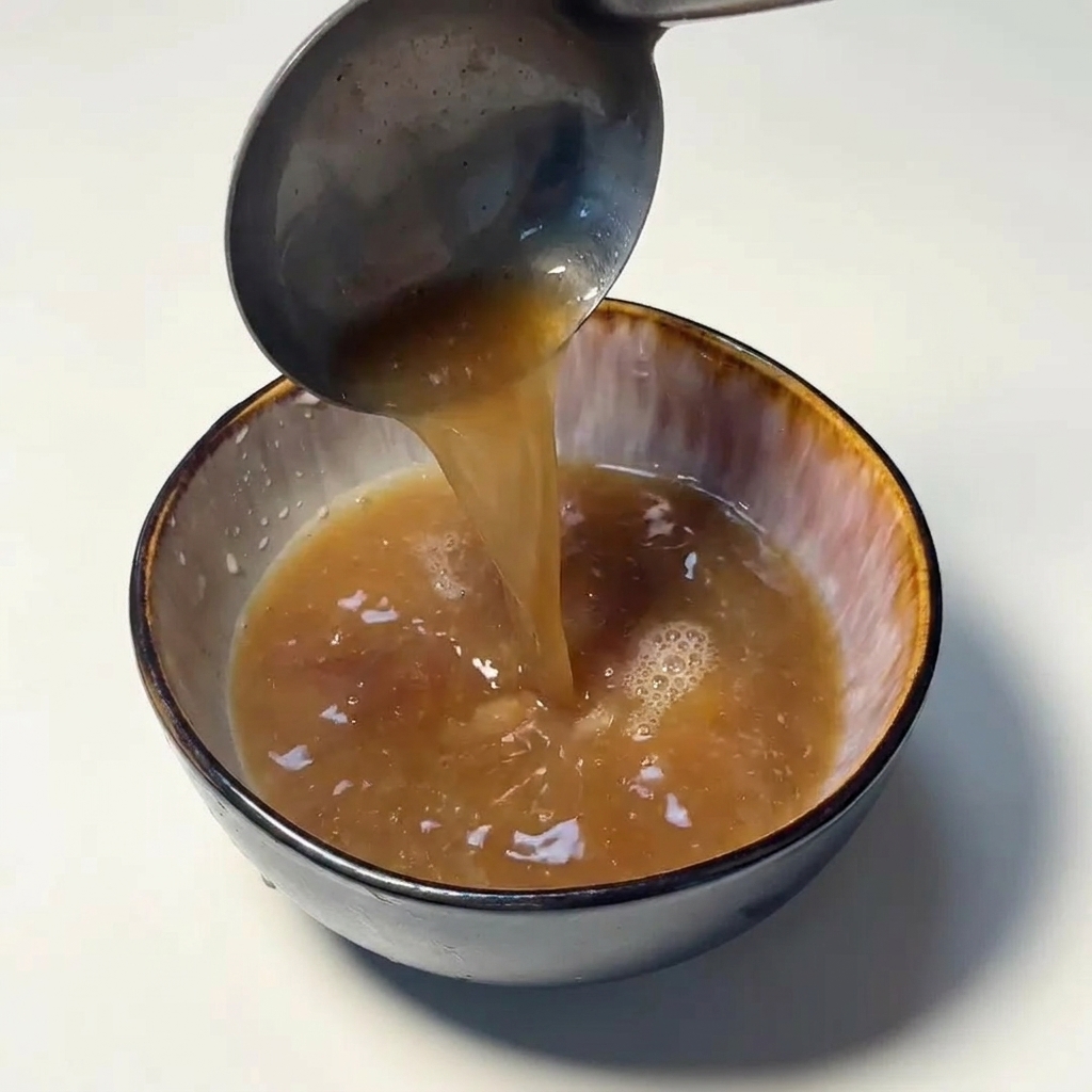 Un mestolo di metallo che versa un flusso di brodo di maiale marrone chiaro in una ciotola di ceramica.
