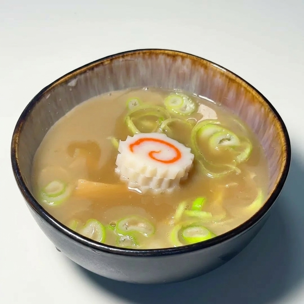 Una ciotola di brodo con narutomaki, germogli di bambù e cipollotto fresco in evidenza.