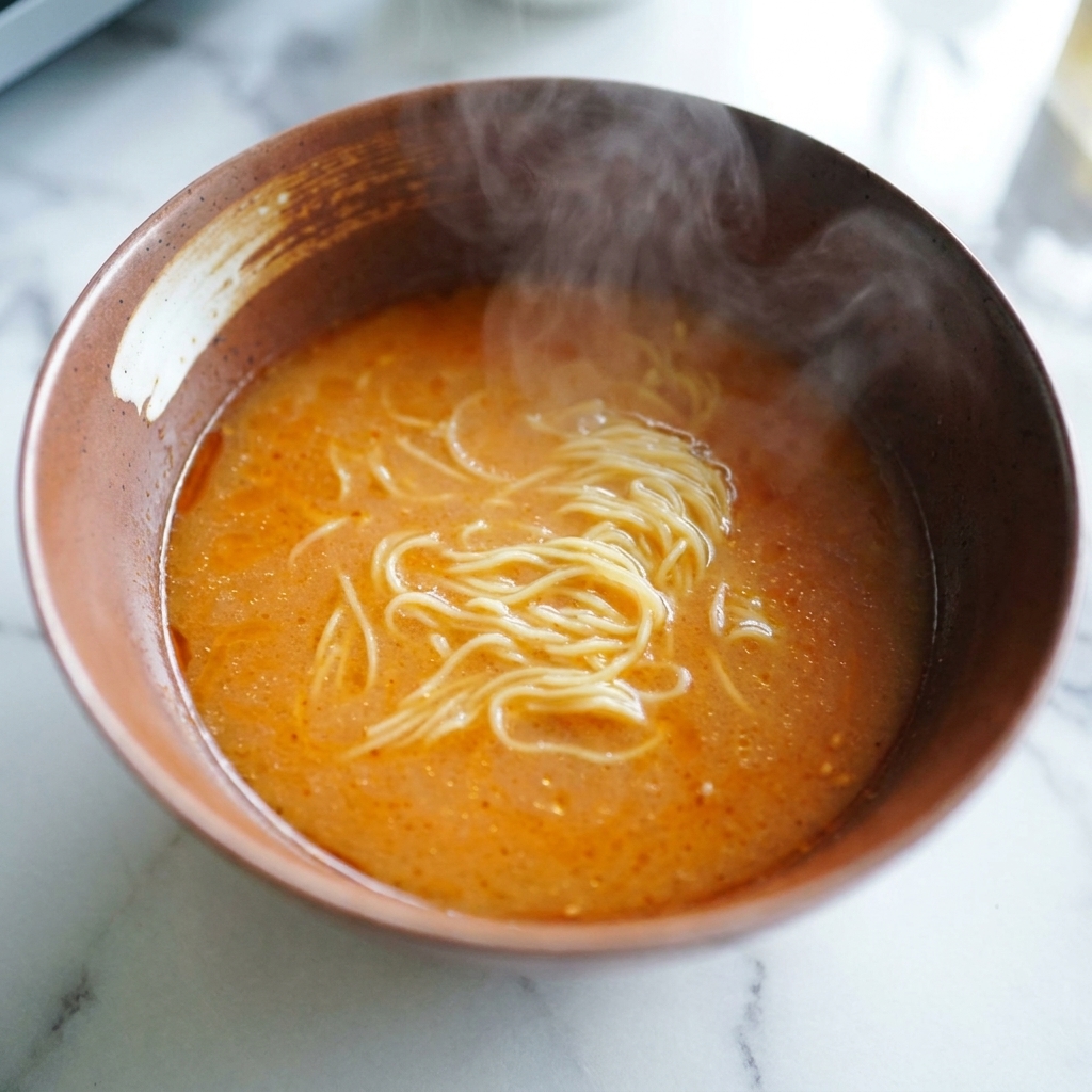 Noodles ramen gialli cotti aggiunti in una ciotola piena di brodo di miso aranciato.