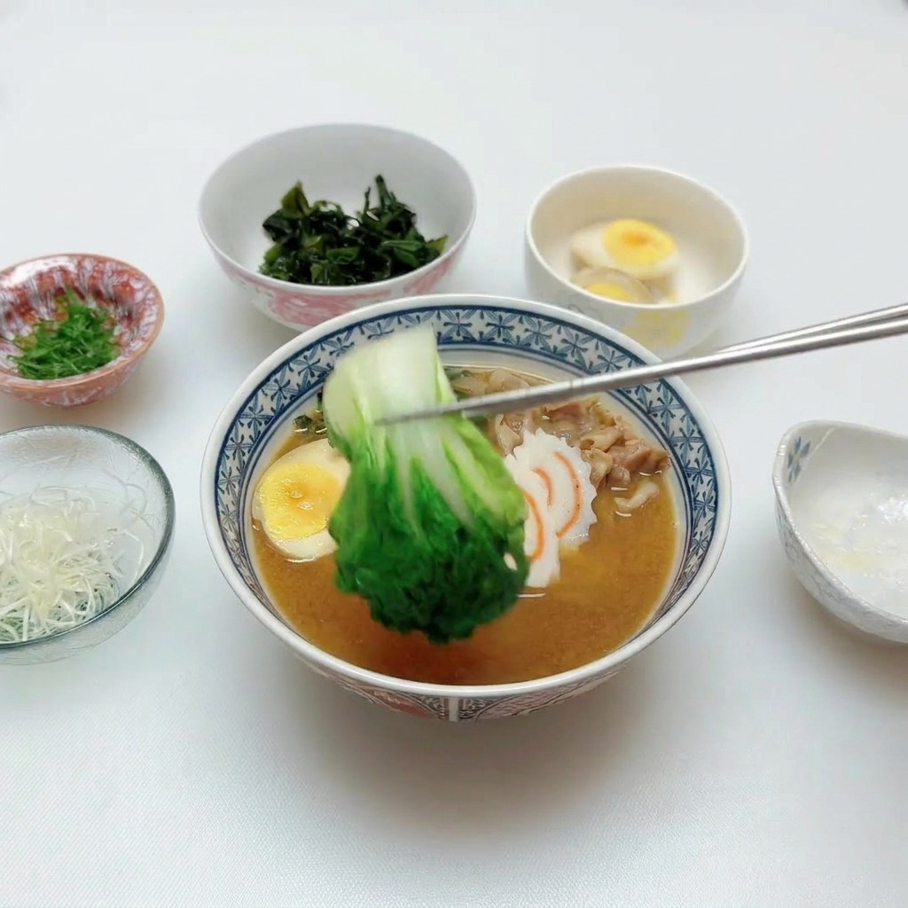 Una mano con bacchette dargento che aggiunge bok choy in una ciotola di ramen già guarnita con carne e uova.