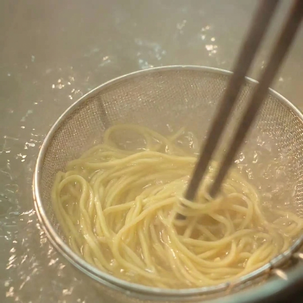 Primo piano di bacchette di legno che mescolano i noodle gialli allinterno di un colino metallico immerso in acqua bollente.