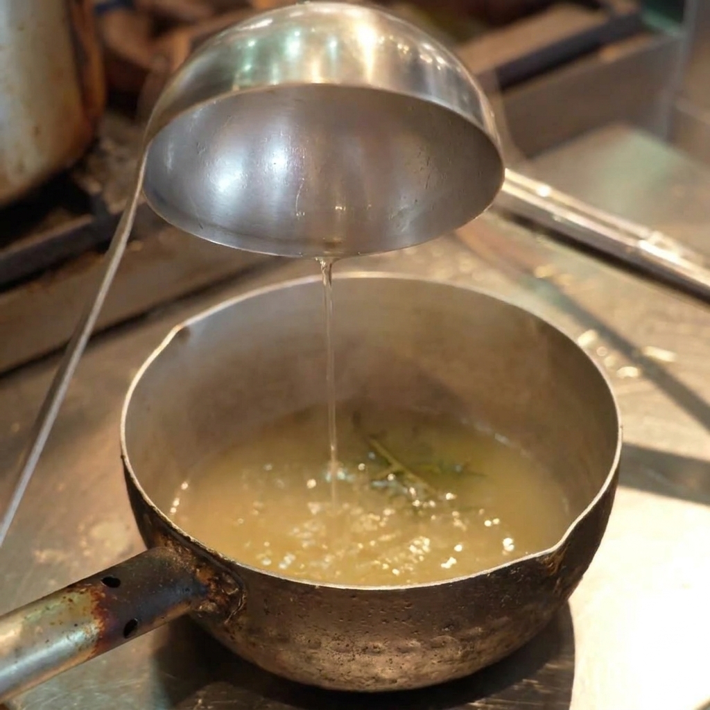Un piccolo pentolino su un fornello a gas con vapore che sale dal brodo bollente allinterno.