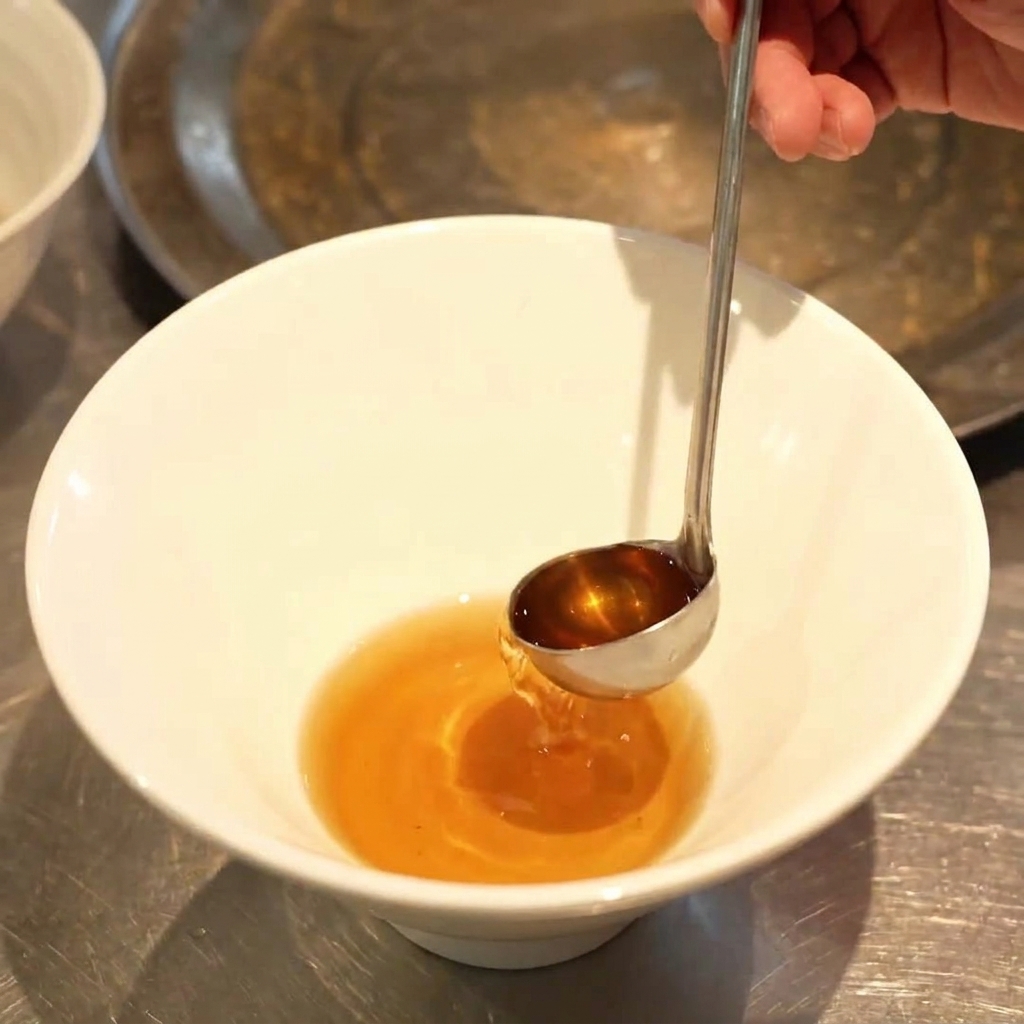 Un piccolo mestolo che versa un liquido dorato sul fondo di una ciotola di ceramica bianca vuota.