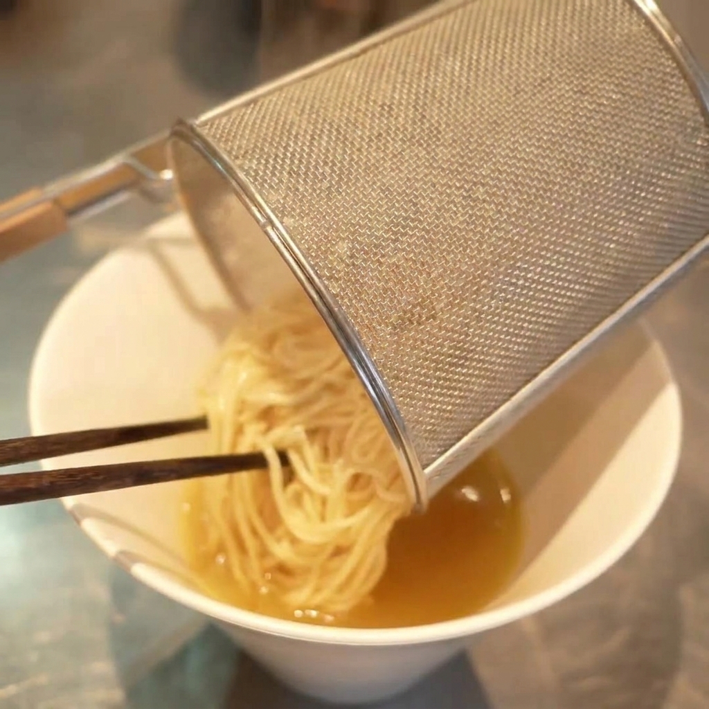 Noodle versati da un colino cilindrico in una ciotola bianca piena di brodo caldo e limpido.