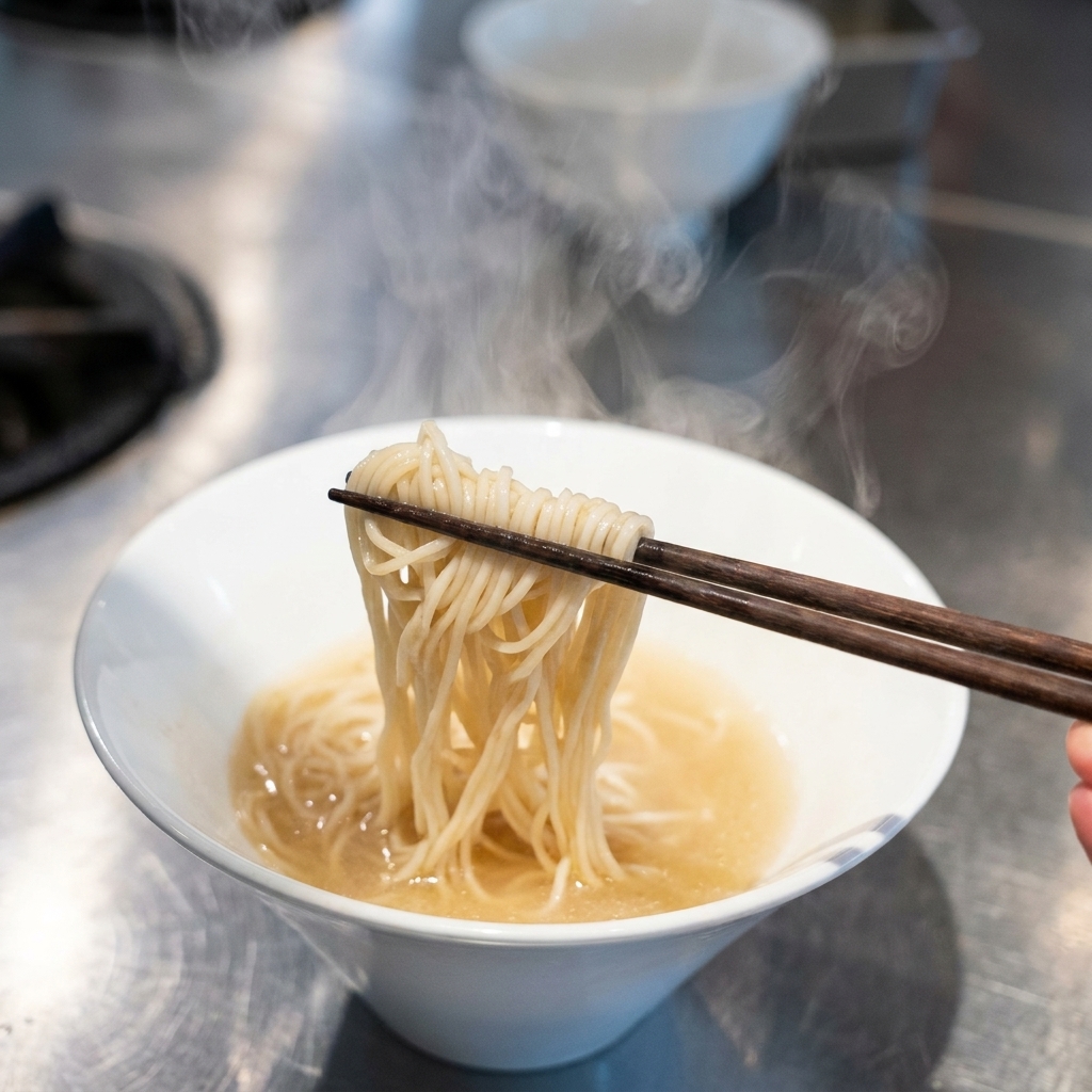 Un fascio di noodle fumanti sollevati e sistemati con bacchette di legno scuro in una ciotola di brodo.