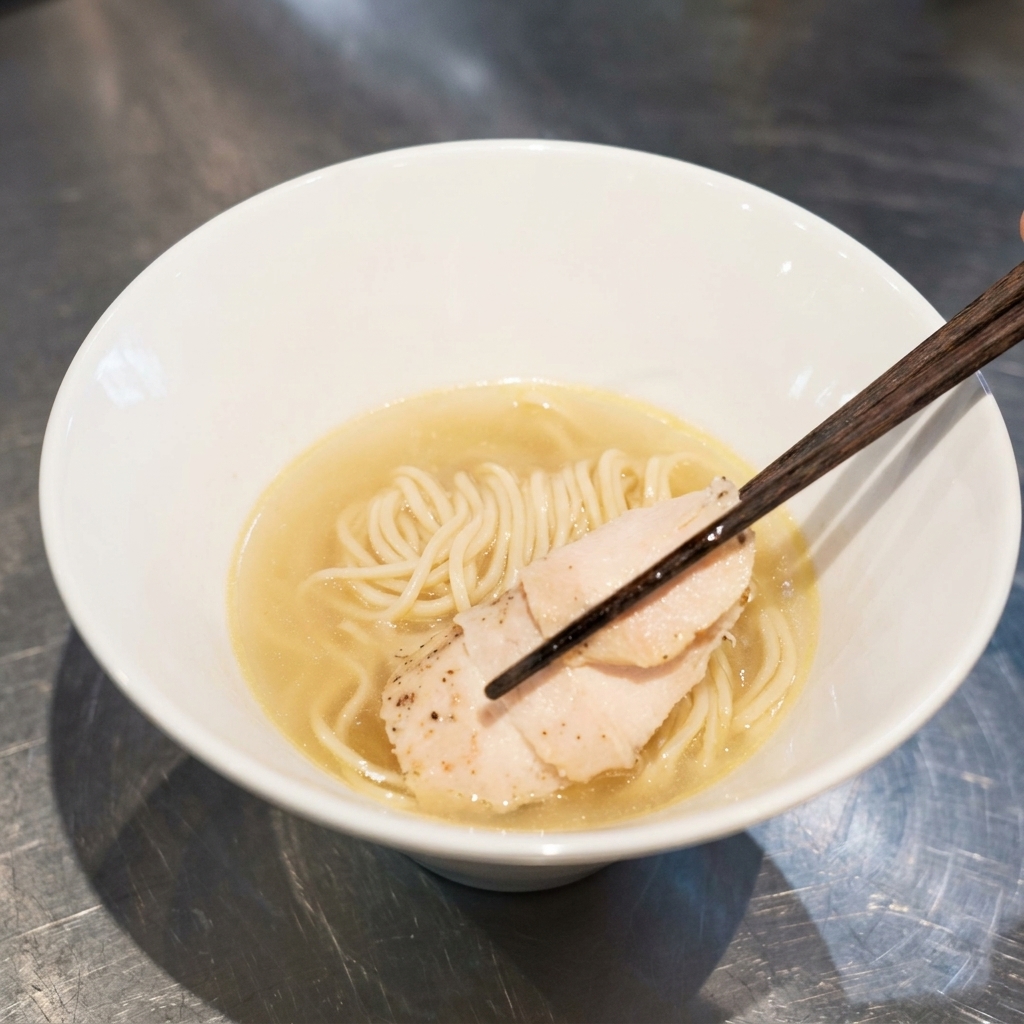 Bacchette che adagiano una fetta di petto di pollo su un letto ordinato di noodle in una ciotola di ramen.