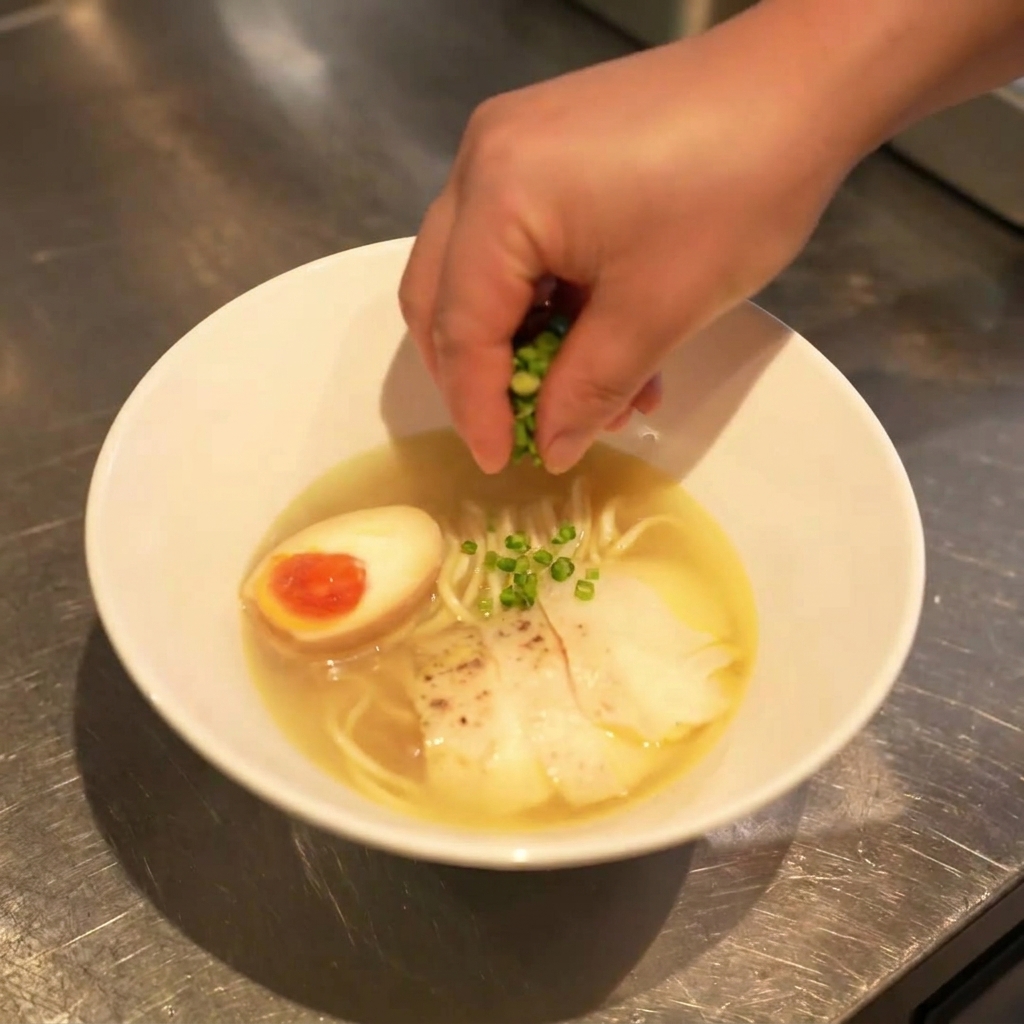 Primo piano di una mano che cosparge cipollotto verde tritato su una ciotola di ramen con noodle, pollo e uovo.
