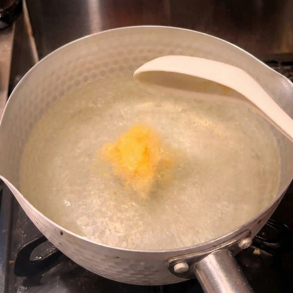 Un cucchiaio di brodo di pollo in polvere aggiunto in una pentola dacqua bollente per creare una base limpida.