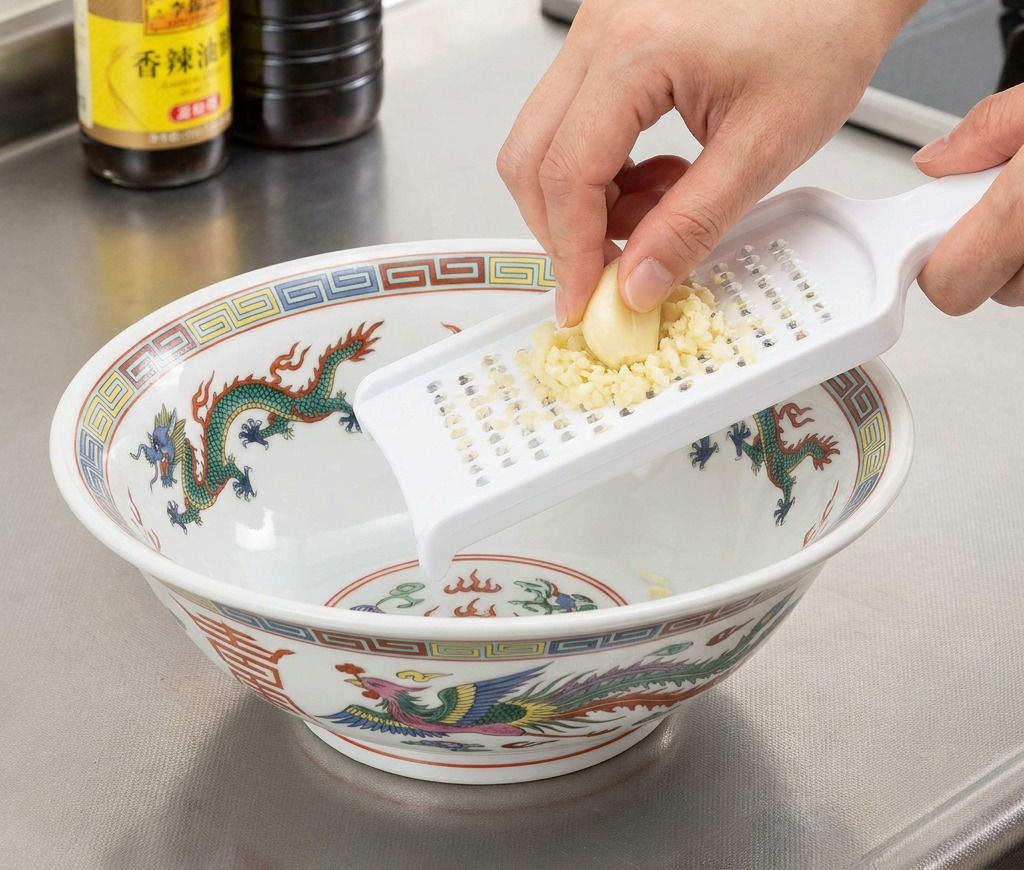 Una mano grattugia uno spicchio daglio direttamente in una ciotola da ramen decorata con motivi blu.