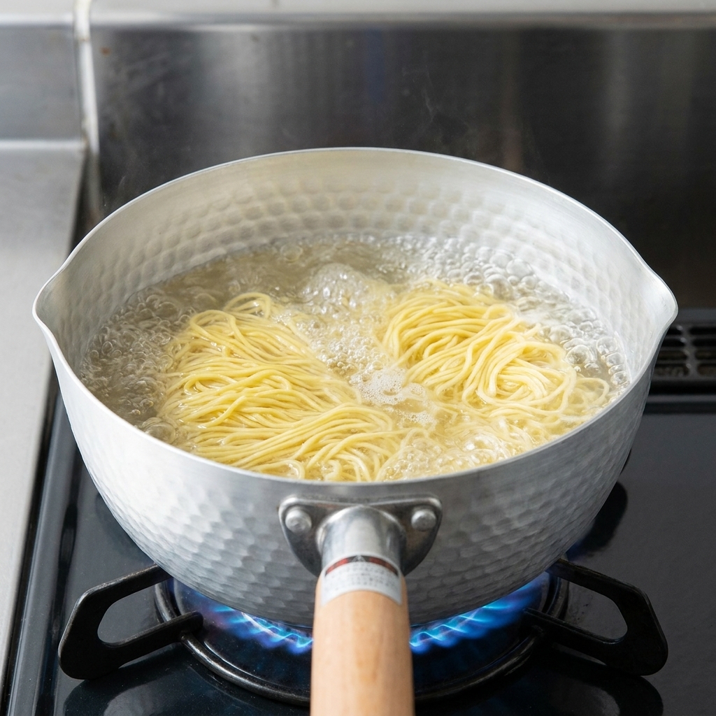 Noodle sottili e gialli che cuociono in una pentola dacqua che bolle in modo vigoroso.