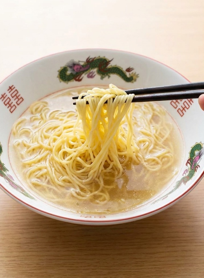 Primo piano di noodle sistemati con cura con le bacchette in una ciotola di brodo caldo e dorato.