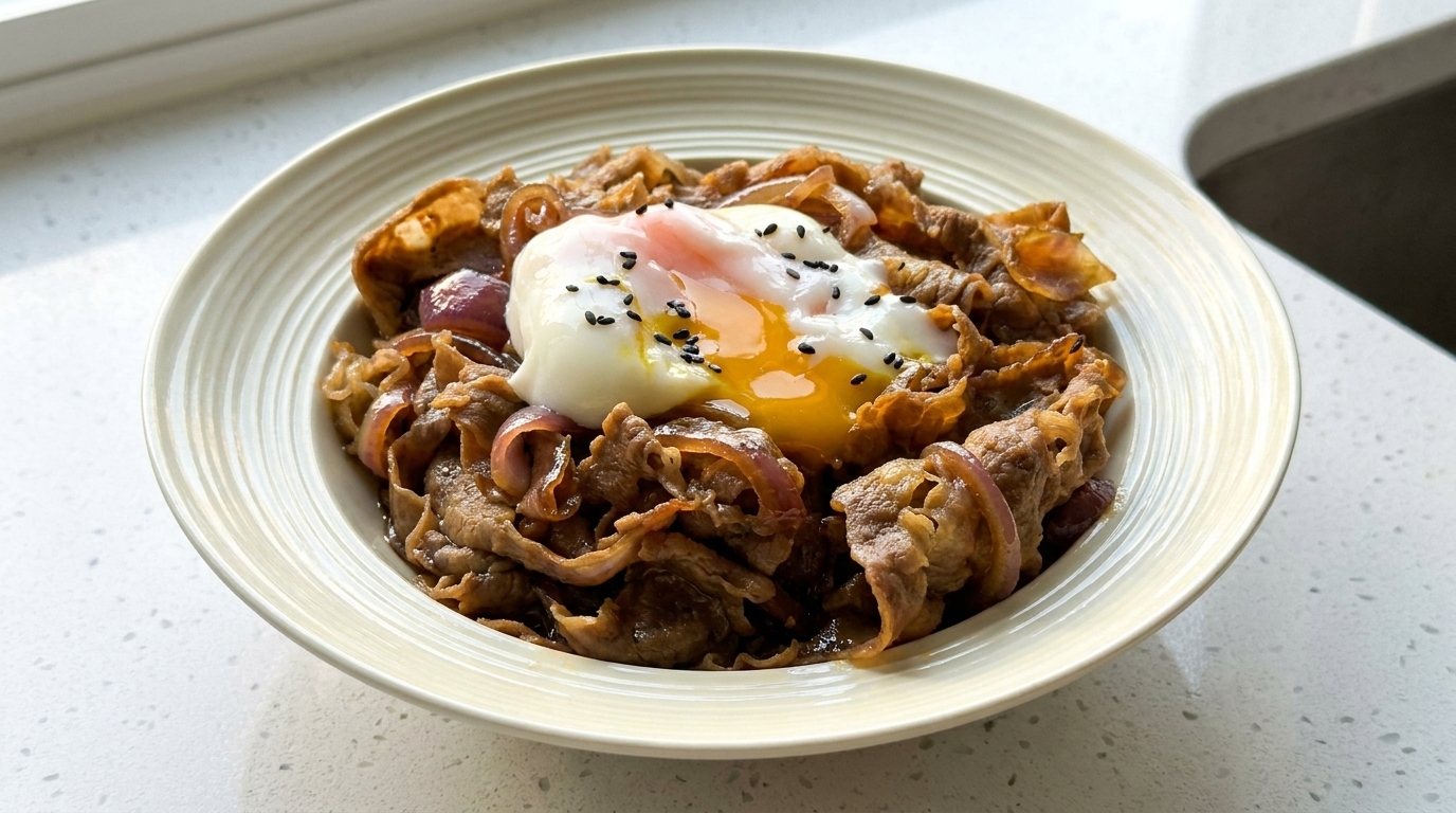 Gyudon: Ciotola di Manzo Giapponese con Uovo Onsen Setoso