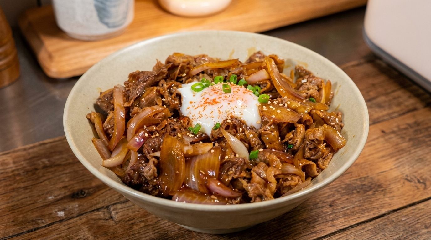 Gyudon Giapponese: Ciotola di Riso con Manzo Teriyaki e Uovo Onsen