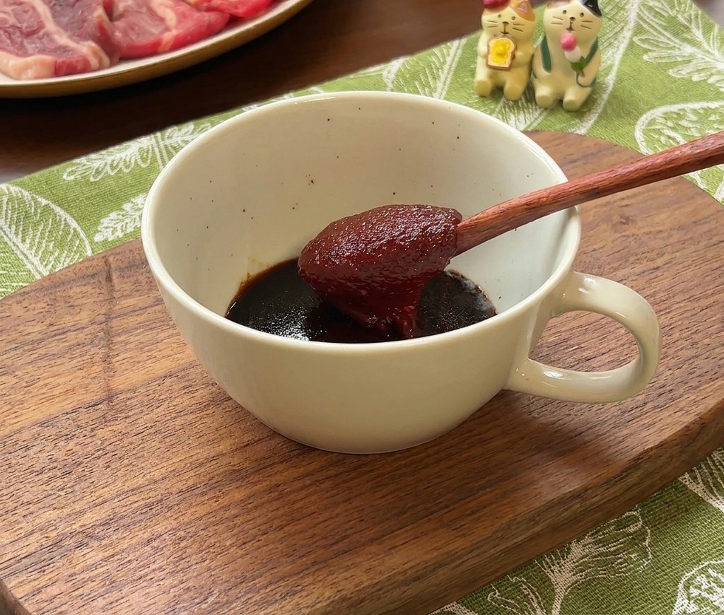 Un cucchiaio di legno con una generosa dose di pasta di peperoncino rossa sopra una ciotola di ceramica.
