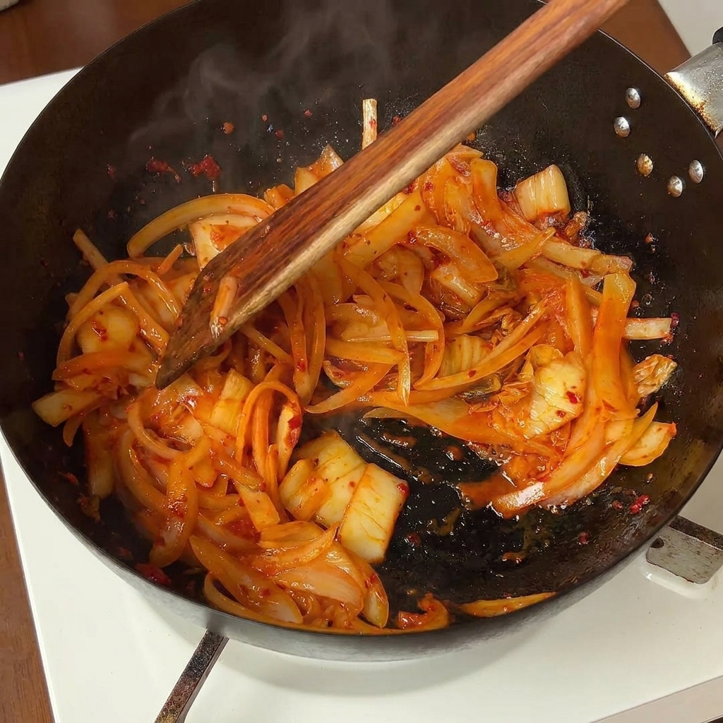 Un cucchiaio di legno mescola cipolle e kimchi rosso in una padella calda.
