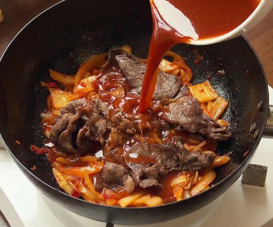 Una persona versa la salsa rossa da una ciotola in un wok con manzo, cipolle e kimchi.