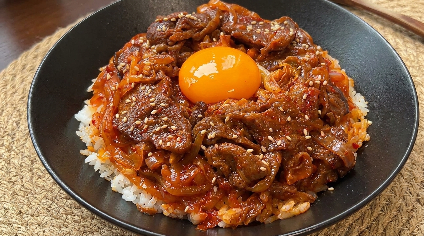 Una ciotola di manzo al kimchi caramellato su letto di riso, guarnita con semi di sesamo e un vibrante tuorlo duovo crudo.