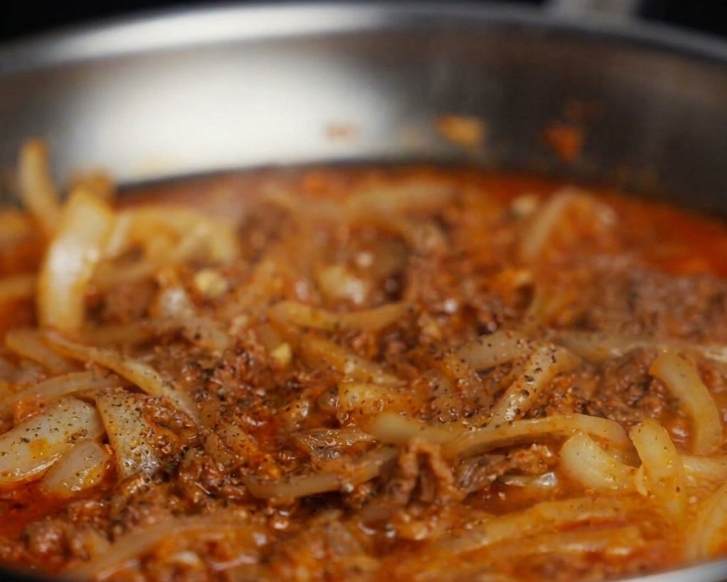 Semi di sesamo bianco spolverati su una padella bollente di manzo, cipolle e kimchi.