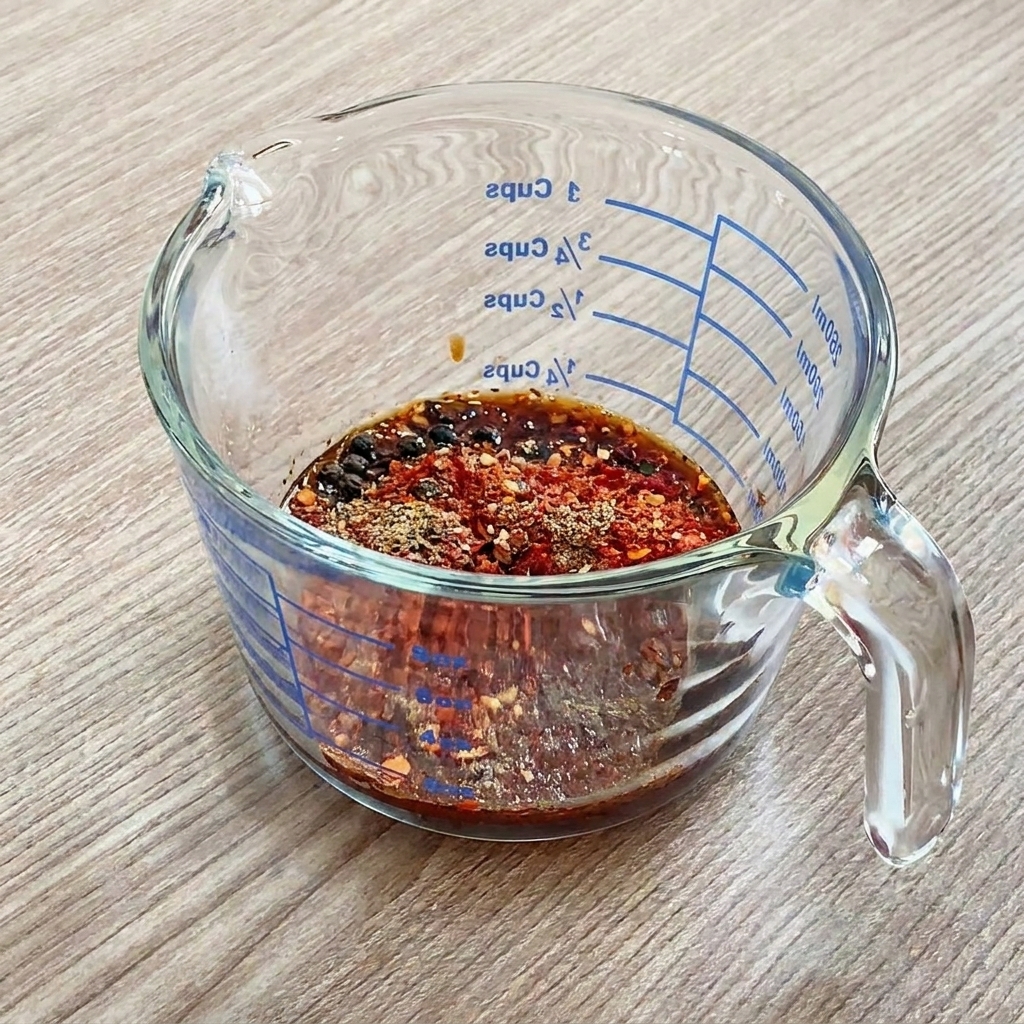 Un misurino di vetro contenente fiocchi di peperoncino, pepe nero, salsa di soia e una punta di pasta di peperoncino coreana.