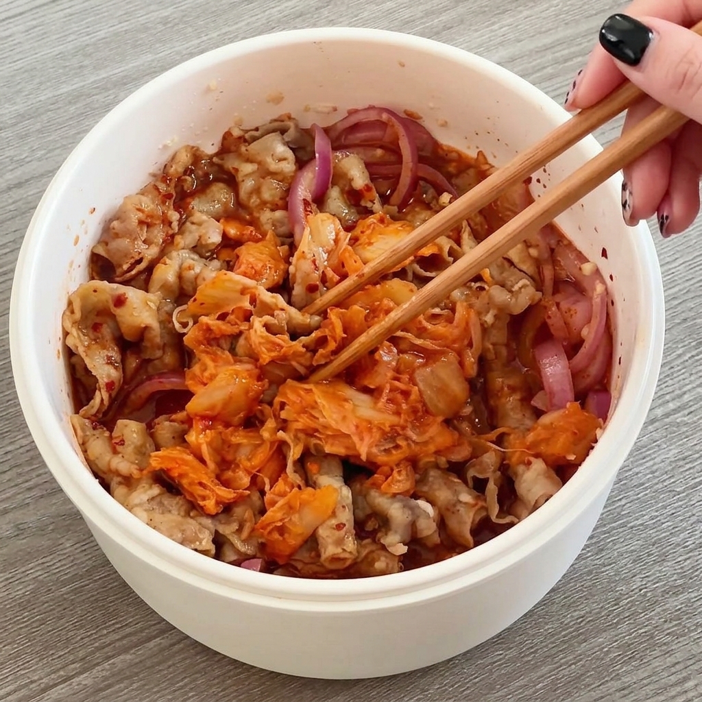 Bacchette che mescolano manzo, cipolle e kimchi in una salsa rossa vivace.
