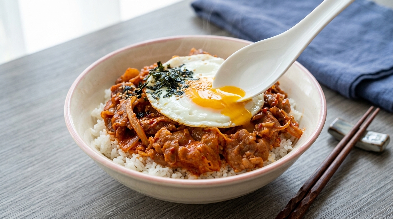 Una ciotola di riso con manzo e kimchi guarnita con un uovo allocchio di bue lucente e scaglie di alga tostata.