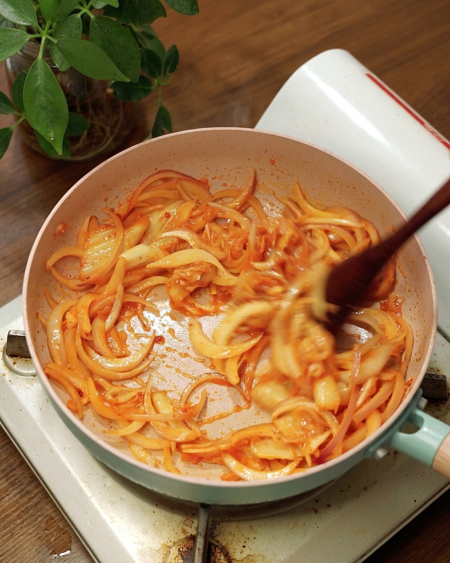 Una spatola di legno che mescola cipolle e kimchi rosso in una padella.