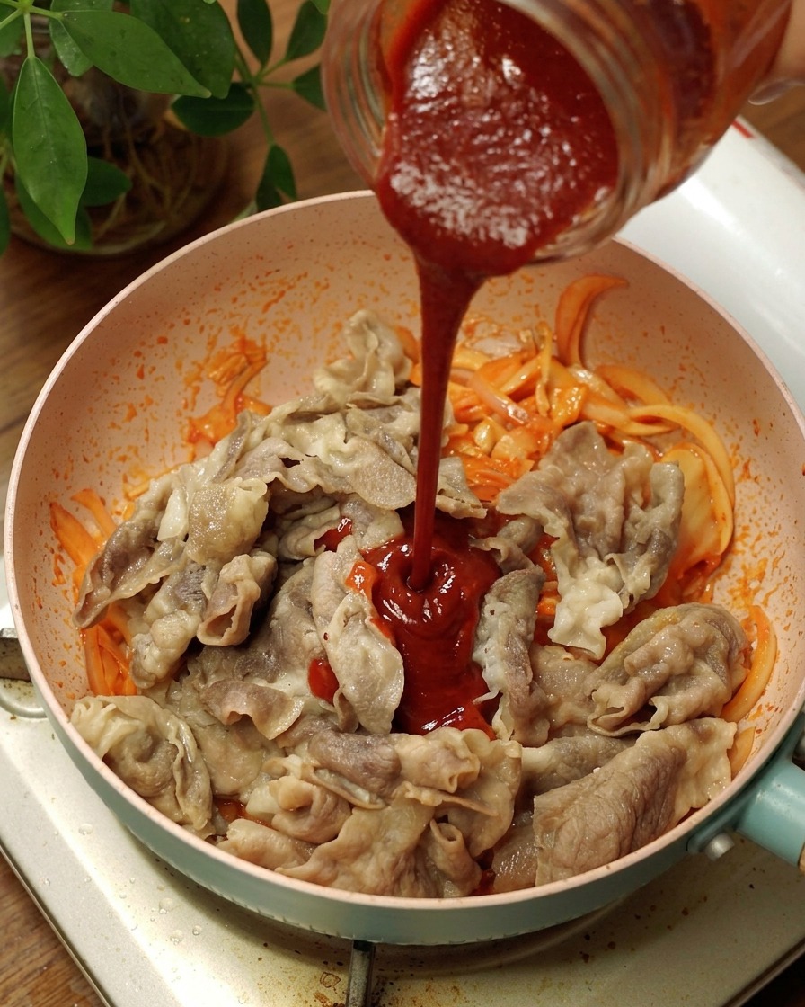 Pasta di peperoncino coreana rossa versata su manzo, cipolle e kimchi in padella.