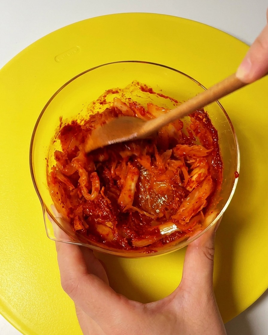Un cucchiaio di legno mescola kimchi tritato e pasta di peperoncino coreana in una ciotola di vetro trasparente.