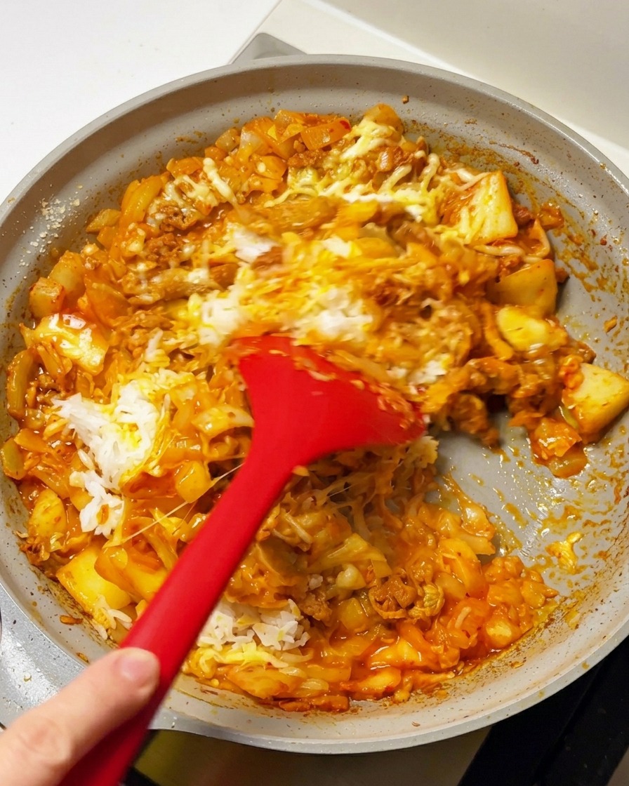 Una spatola rossa disfa la montagnola di riso per mescolarlo con la base piccante di carne e formaggio in padella.