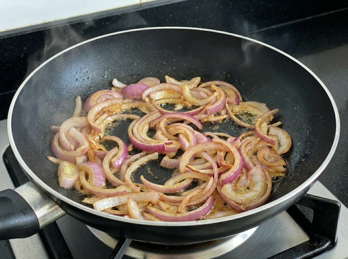 Cipolle rosse affettate che sfrigolano in una padella nera, iniziando a diventare tenere e dorate sui bordi.