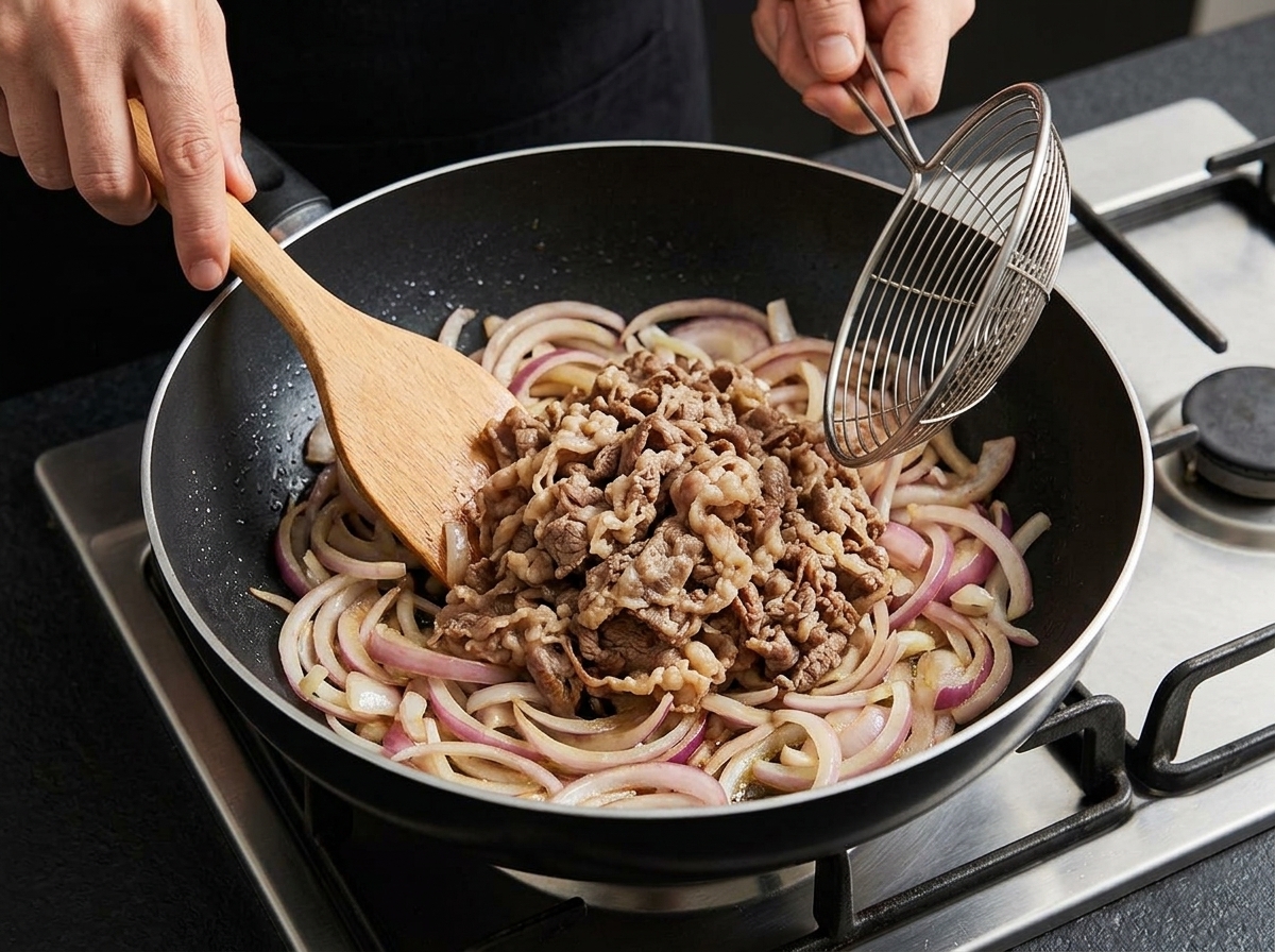 Una porzione di fettine di manzo scottate che vengono aggiunte alla padella con le cipolle usando un mestolo forato.