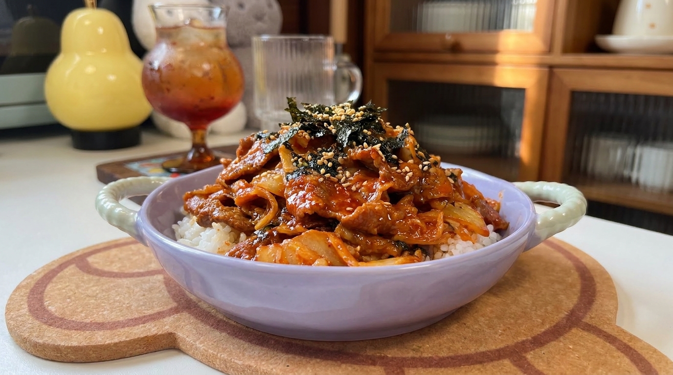 Un invitante cucchiaio di riso bianco accompagnato da manzo saporito e kimchi croccante saltati in padella.