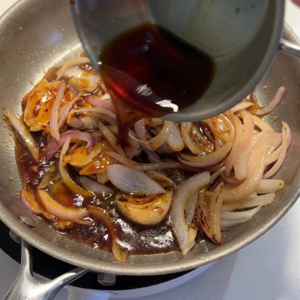 Una salsa scura versata da un bricco di metallo in una padella con pezzi di pollo e cipolle affettate.