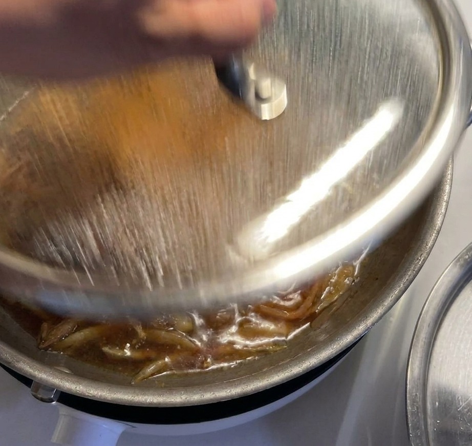 Una mano che mette un coperchio di vetro su una padella dove pollo e cipolle sobbollono in una salsa scura.