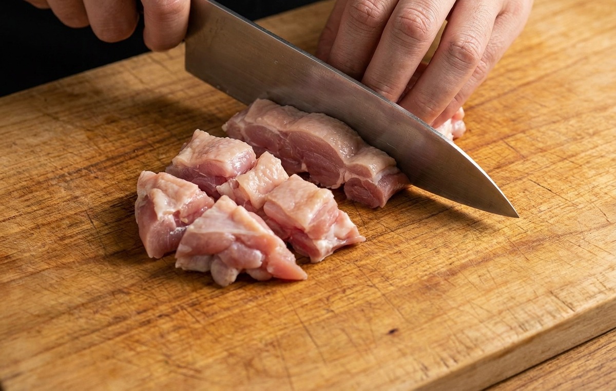 Taglio della polpa di sovracoscia di pollo cruda in piccoli cubetti su un tagliere di legno con un coltello da chef.