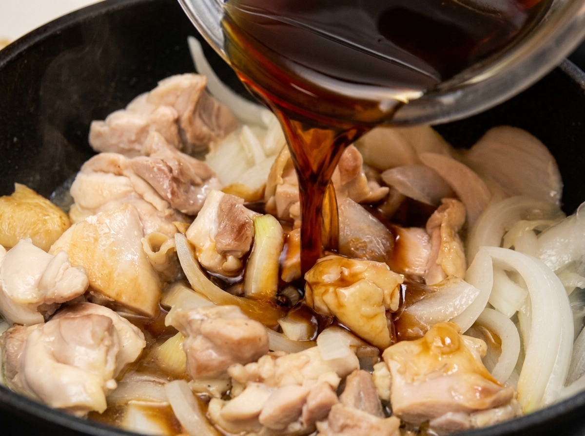 Versare una salsa scura a base di soia da una ciotola in una padella piena di pollo e cipolle.