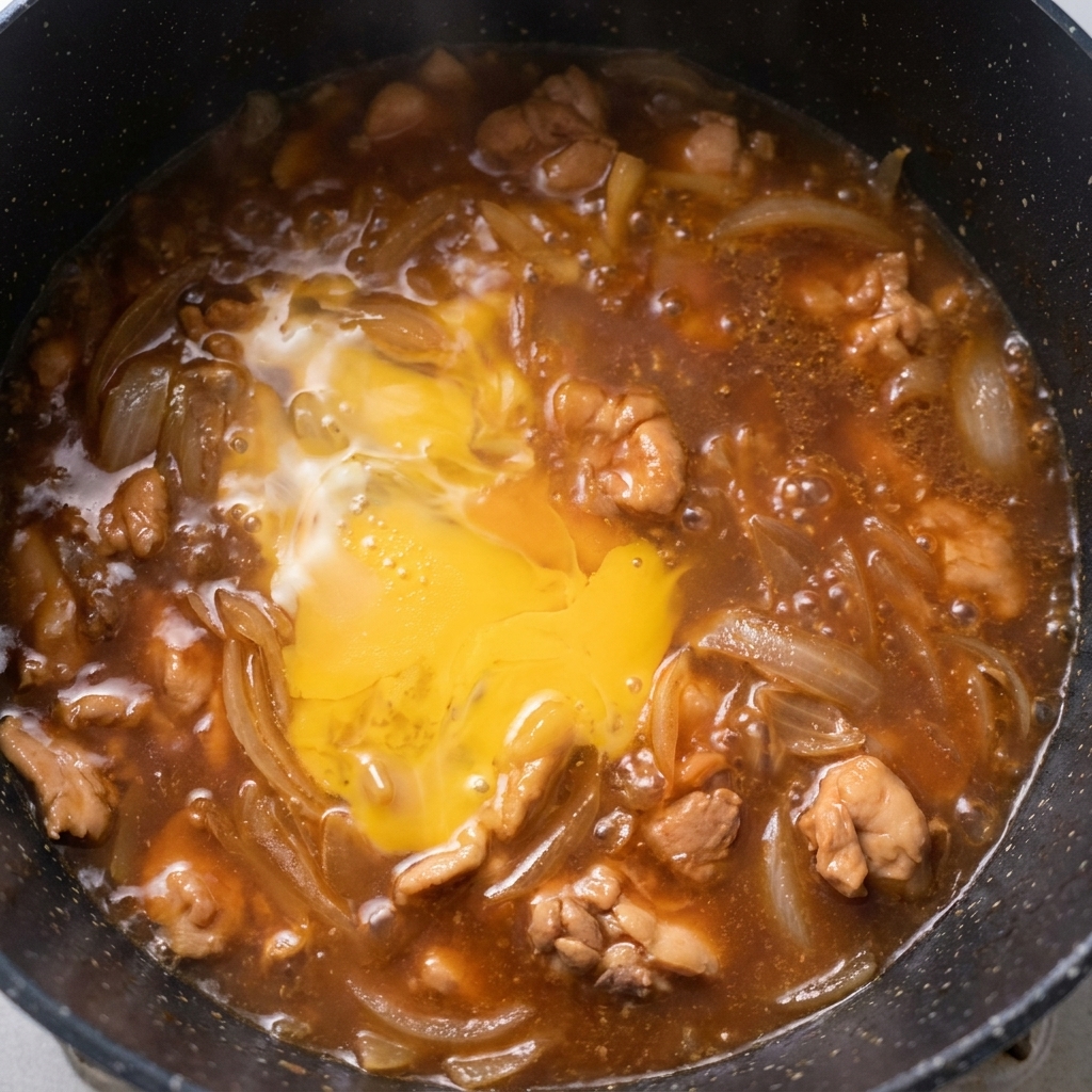 Uno strato di uovo parzialmente cotto che sobbolle con pollo e cipolle in padella.