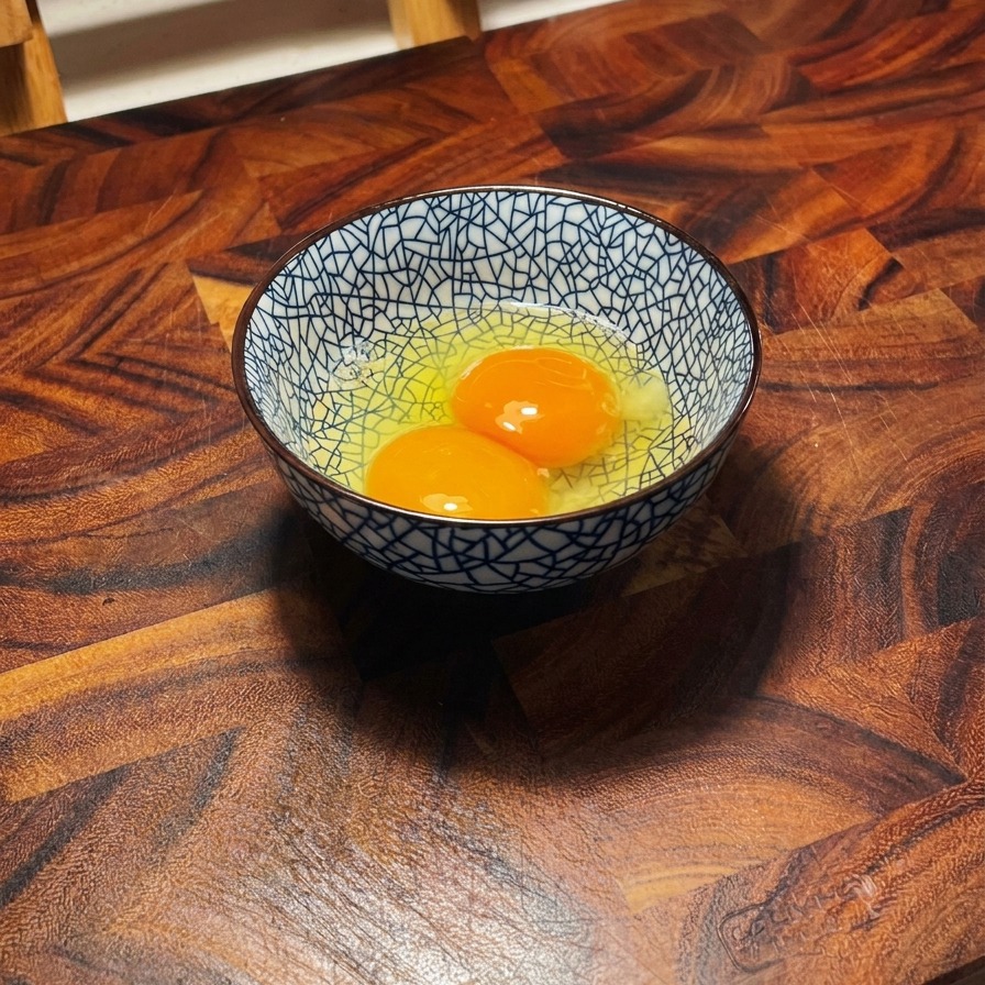 Due tuorli duovo crudi in una ciotola di ceramica con decori blu e bianchi su una superficie di legno.