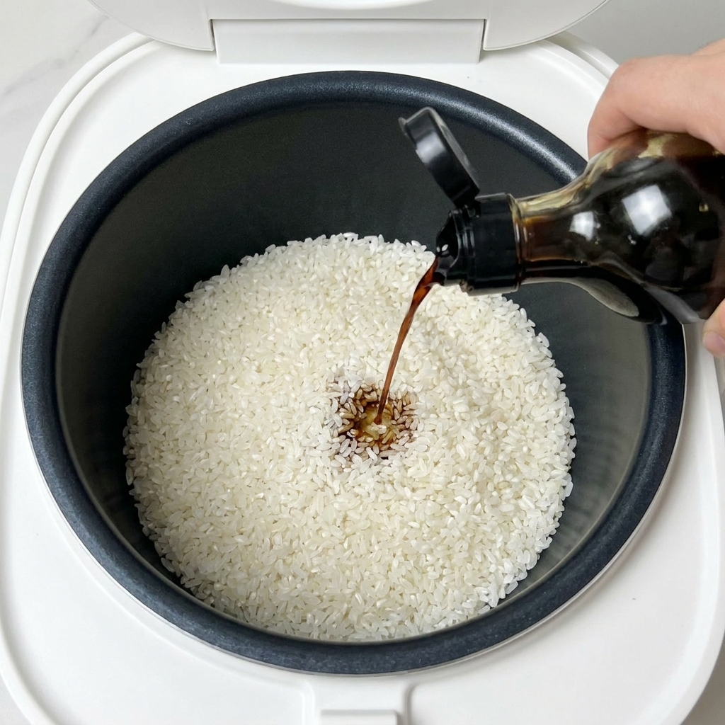 Salsa di soia scura versata su un letto di riso bianco in una pentola interna nera per cuociriso.