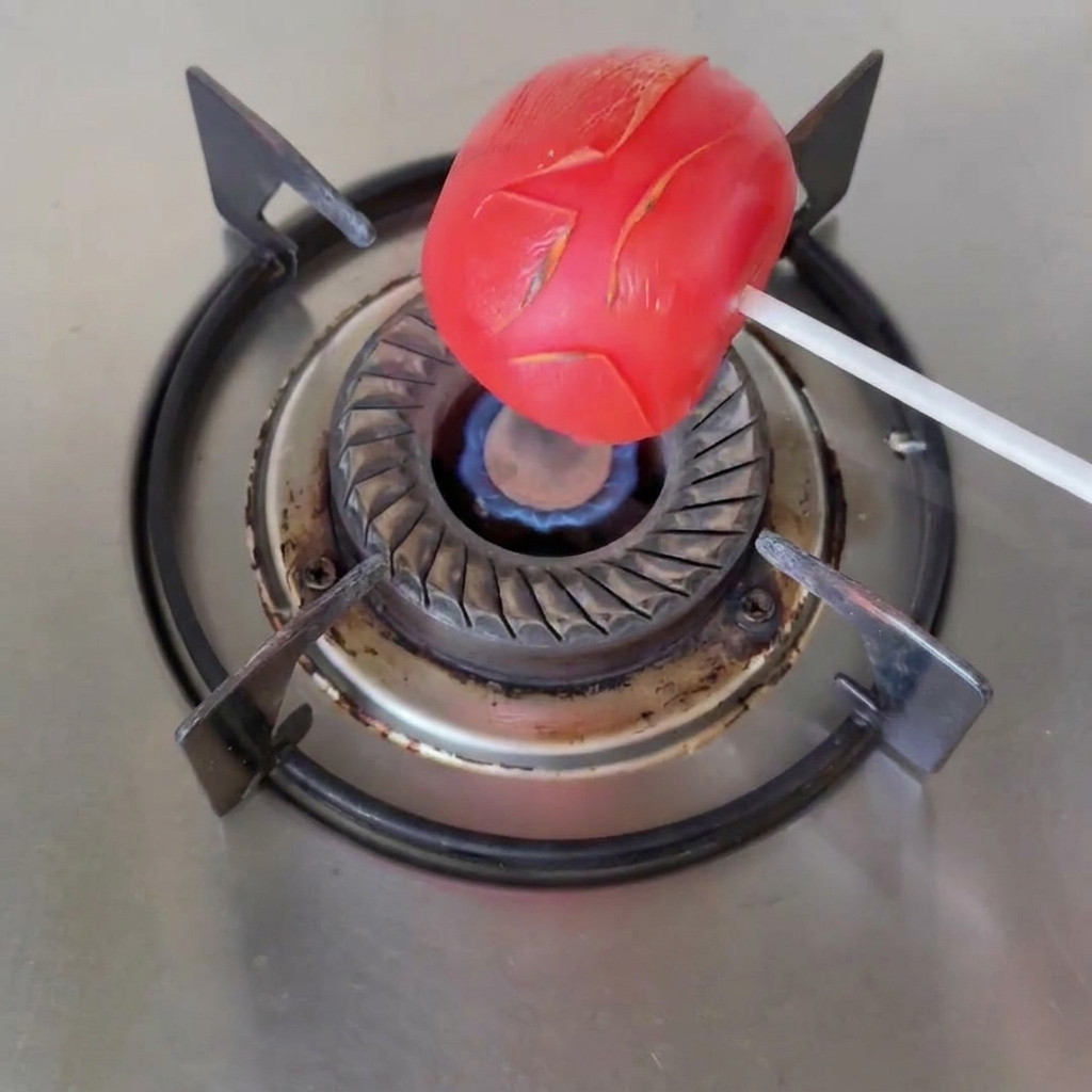 Un pomodoro rosso intero su uno stecchino bianco tenuto sopra la fiamma blu di un fornello a gas.