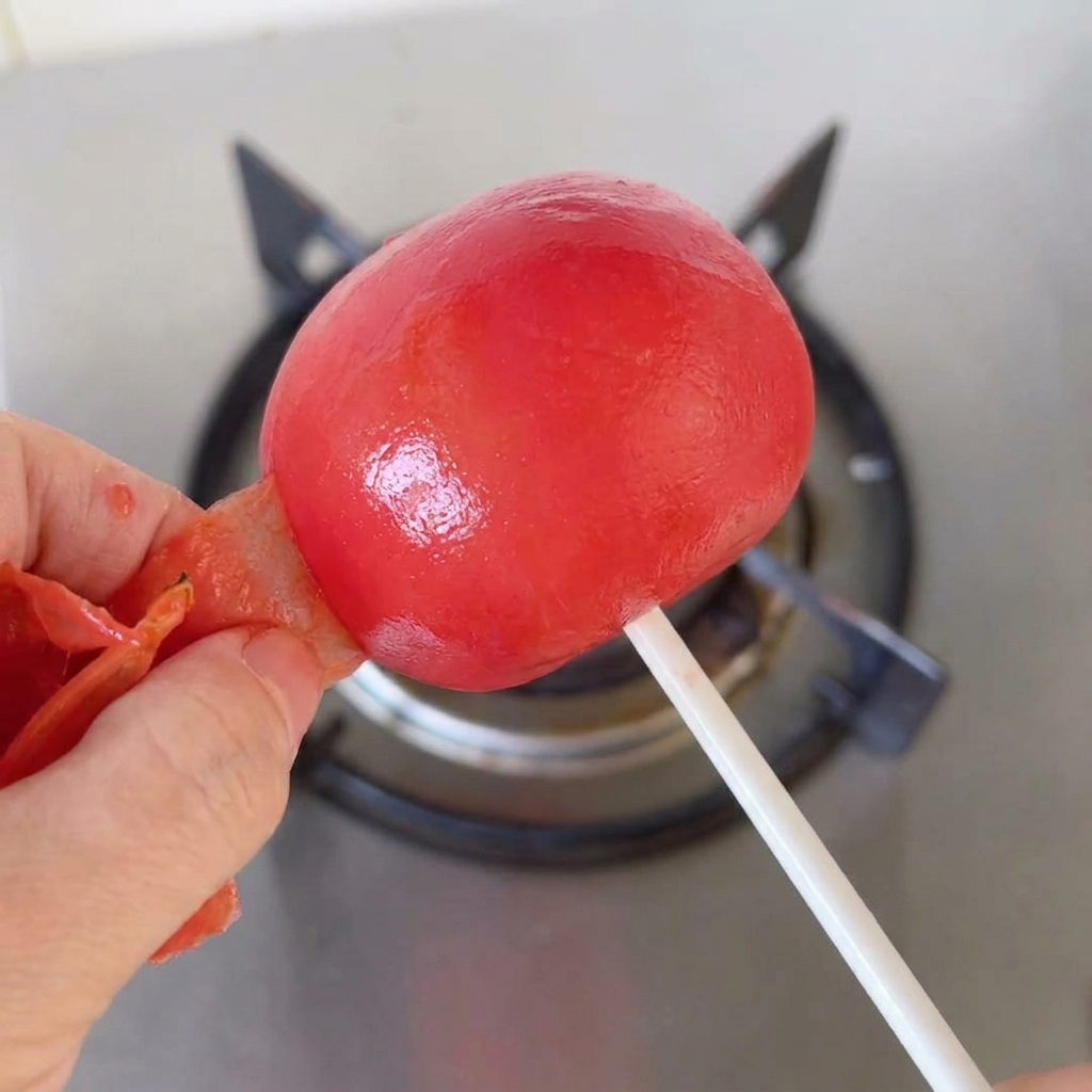 Mani che pelano la sottile buccia bruciata da un pomodoro rosso morbido e arrostito sopra un fornello.