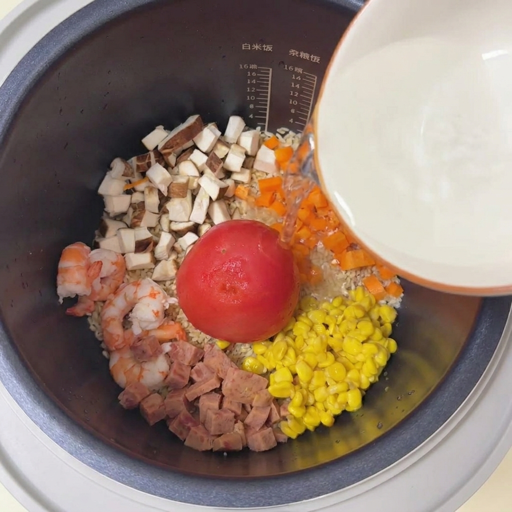 Un pomodoro intero pelato e rosso brillante al centro di un cuociriso circondato da verdure colorate, carne e gamberi.