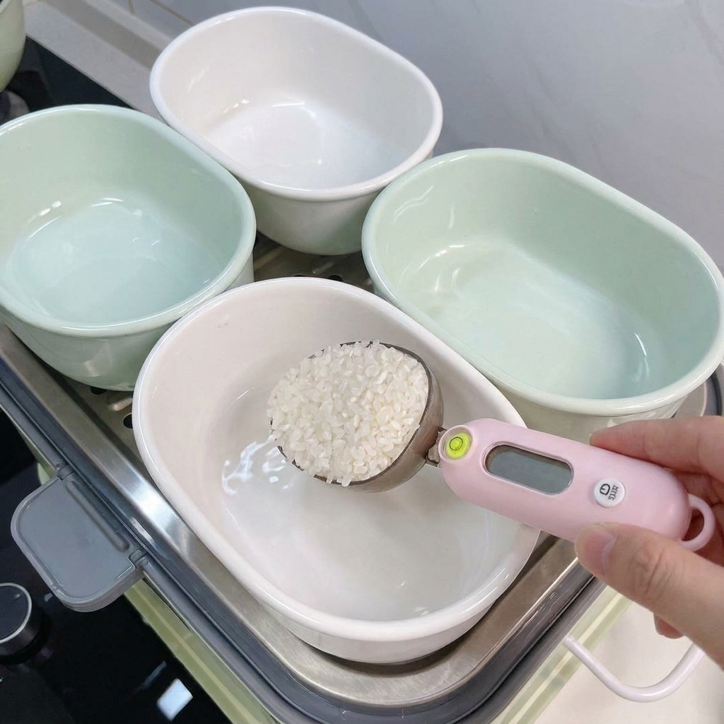 Riso bianco versato in una ciotola di ceramica ovale per la cottura al vapore.