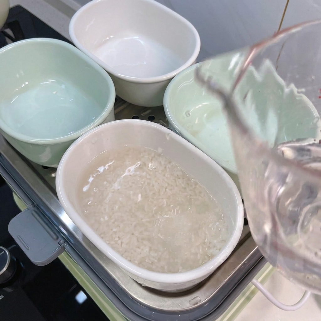 Acqua versata in una ciotola con riso e fette di patata dolce viola.