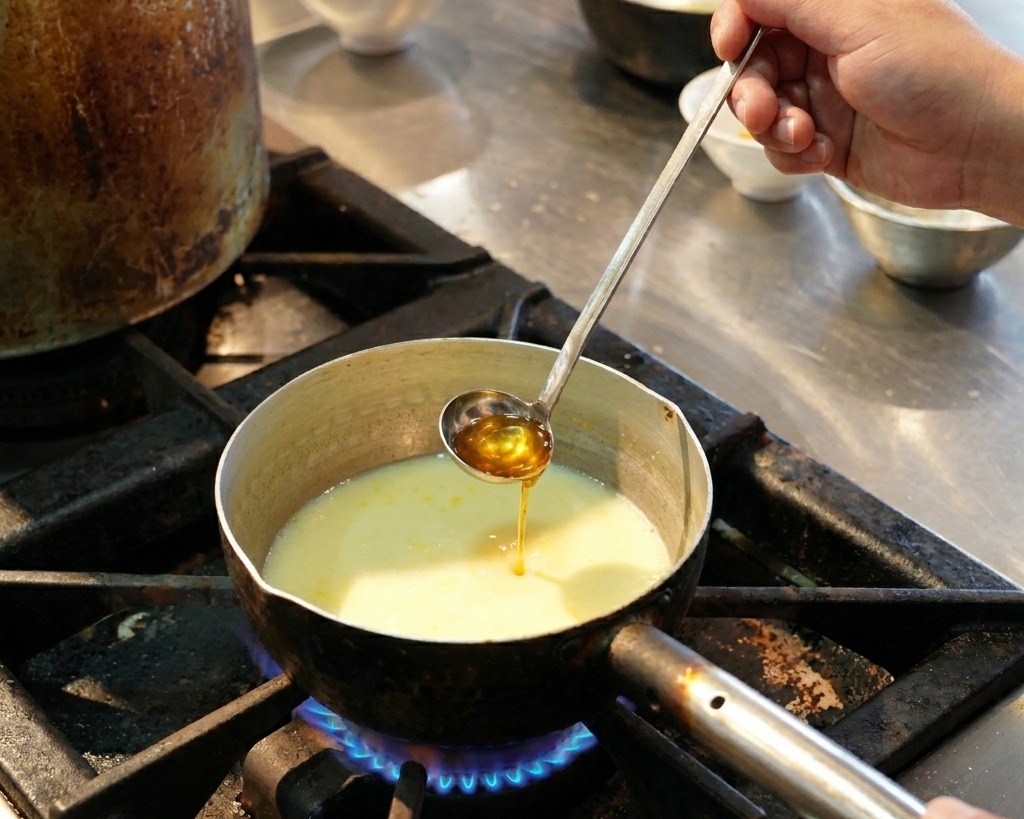 Olio rosso-arancio versato da un piccolo mestolo in un pentolino con brodo giallo chiaro sul fuoco.