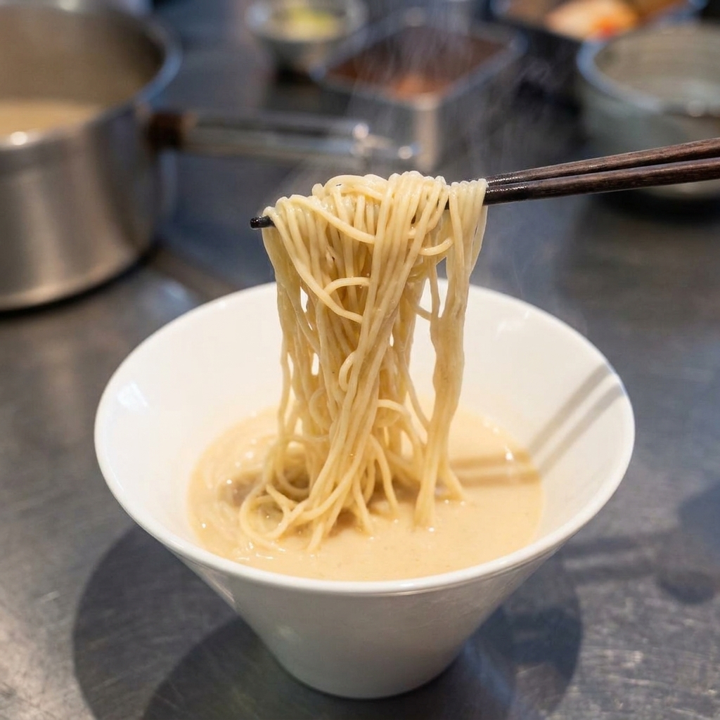 Un nido di noodles chiari sistemati con bacchette scure allinterno di una ciotola con brodo bianco cremoso.