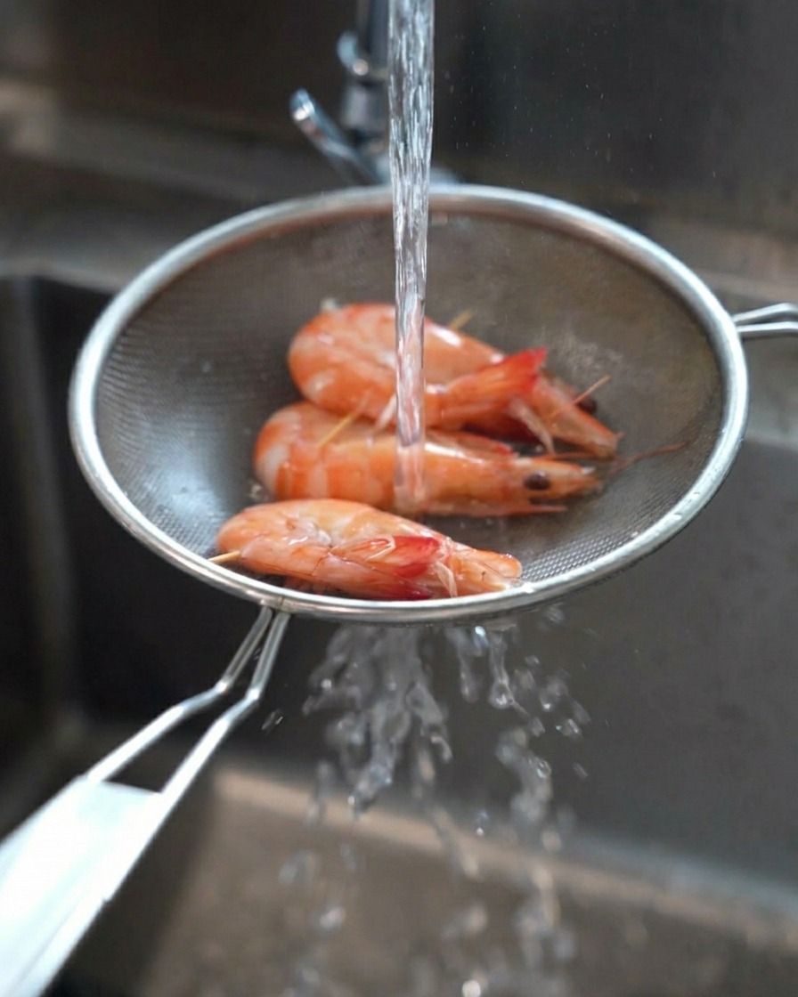 Acqua fredda che scorre su tre gamberi cotti arancioni in un colino sopra il lavandino.