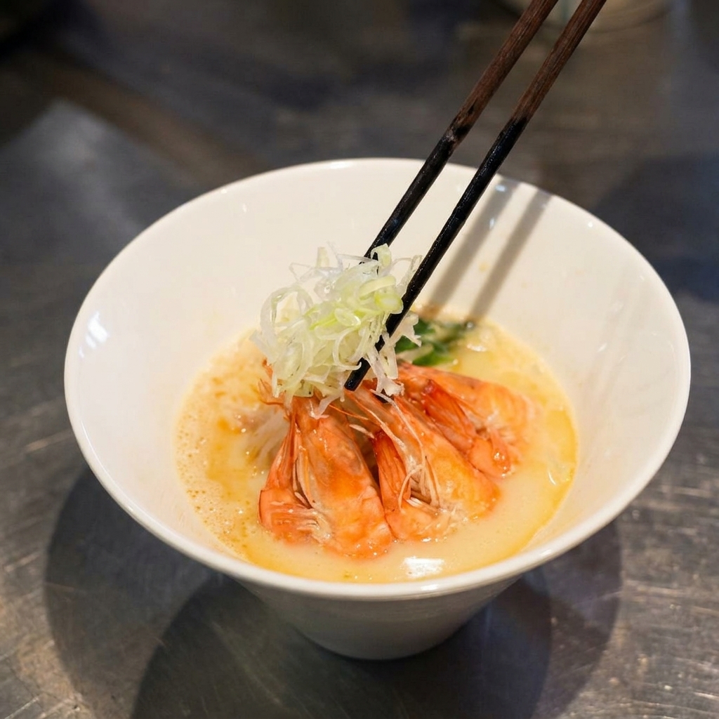 Cipollotto bianco tagliato finemente ammucchiato sopra i gamberi in una ciotola di ramen.